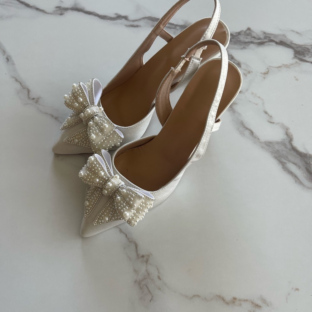 Elegant Pearl-Embellished White Slingback Heels